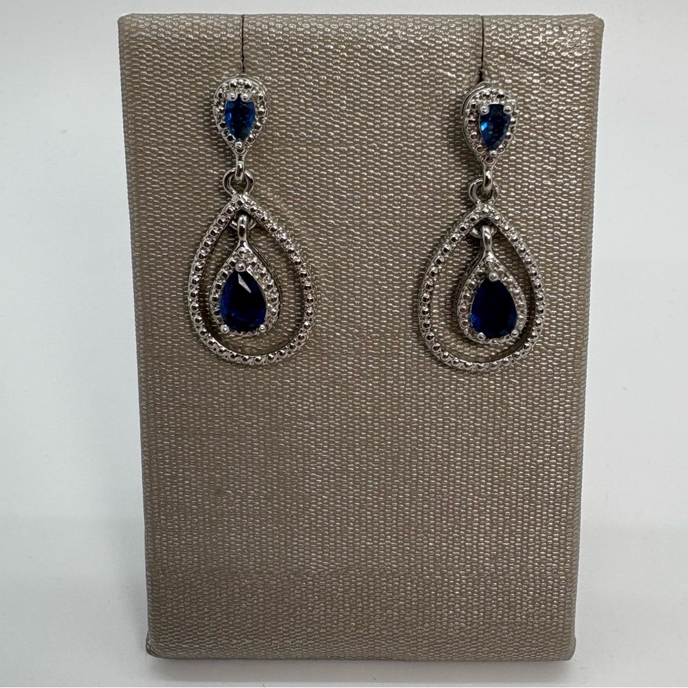 Dark Navy Blue Crystal Teardrop In A Teardrop Silver Tone Earrings, Brand New